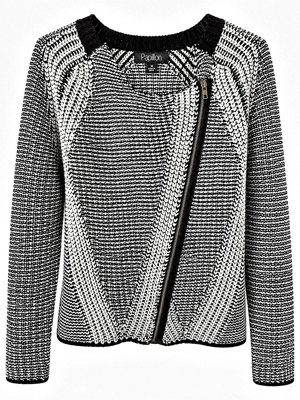 Papillon Black White Chunky Knit Asymmetrical Zip Cardigan M